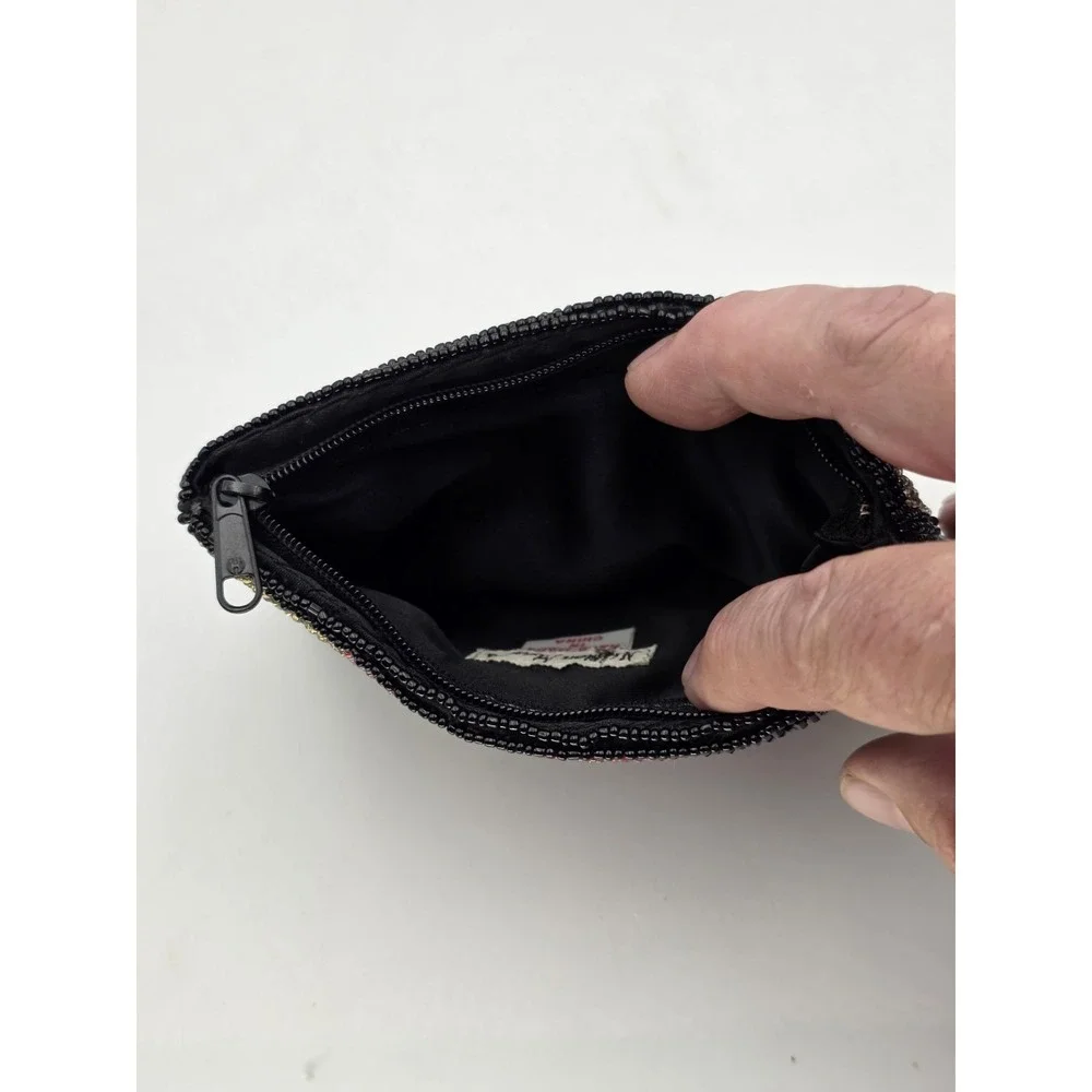 VTG Neiman‎ Marcus Beaded Coin Purse Clutch Abstract Zip Black Gold 6x4